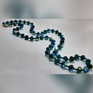 Vintage 1950's Green AB Glass Crystal Flapper Necklace With Gold Filled Clasp